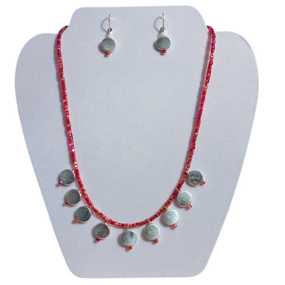 Women's Hand-Crafted silver tone & beaded dangle necklace & earring set